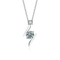 Lightning Round Moissanite Necklace with CZ in White Gold-Plated S925 sterling silver white background product photo showing lightning-inspired pendant with a 5mm round moissanite and CZ detail