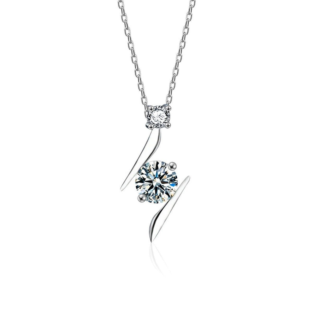 Lightning Round Moissanite Necklace with CZ in White Gold-Plated S925 sterling silver white background product photo showing lightning-inspired pendant with a 5mm round moissanite and CZ detail