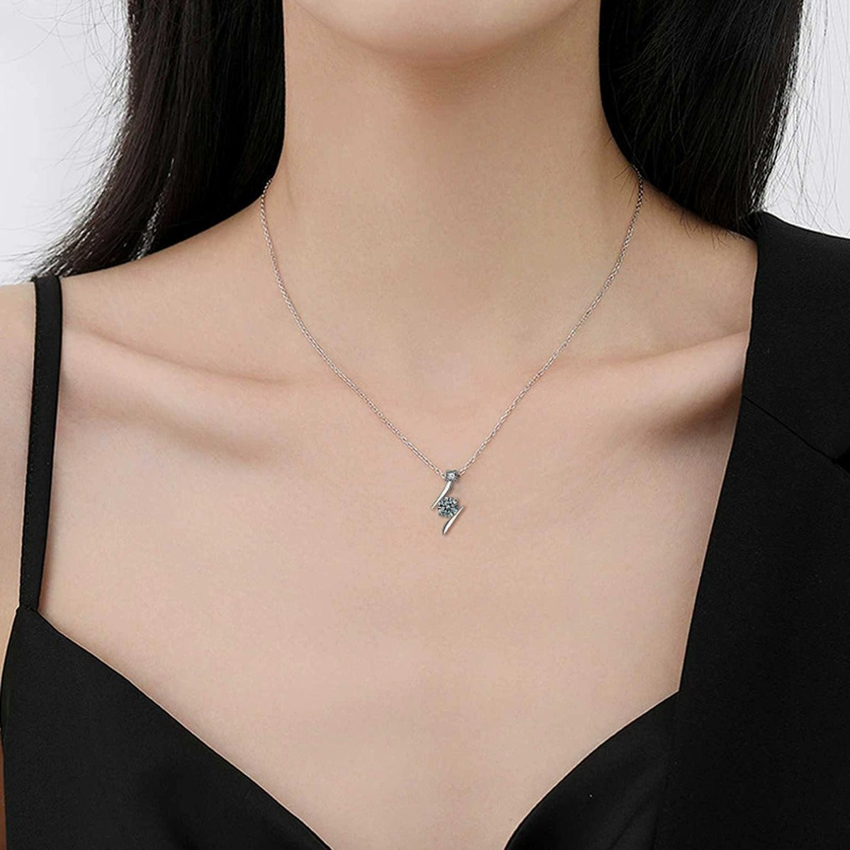Lightning Round Moissanite Necklace with CZ in White Gold-Plated S925 sterling silver neckline model view showing pendant scale and chain length