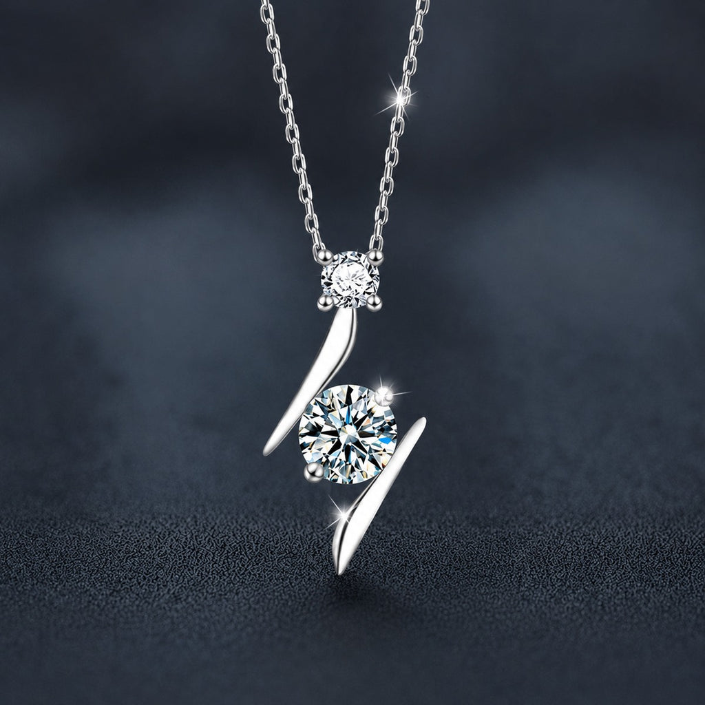 Lightning Round Moissanite Necklace with CZ in White Gold-Plated S925 sterling silver close-up product scene showing pendant setting