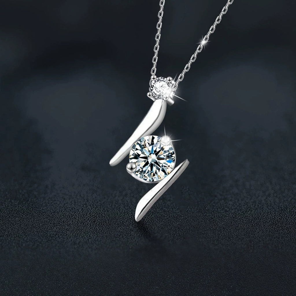 Lightning Round Moissanite Necklace with CZ in White Gold-Plated S925 sterling silver blue display scene showing chain and stone layout