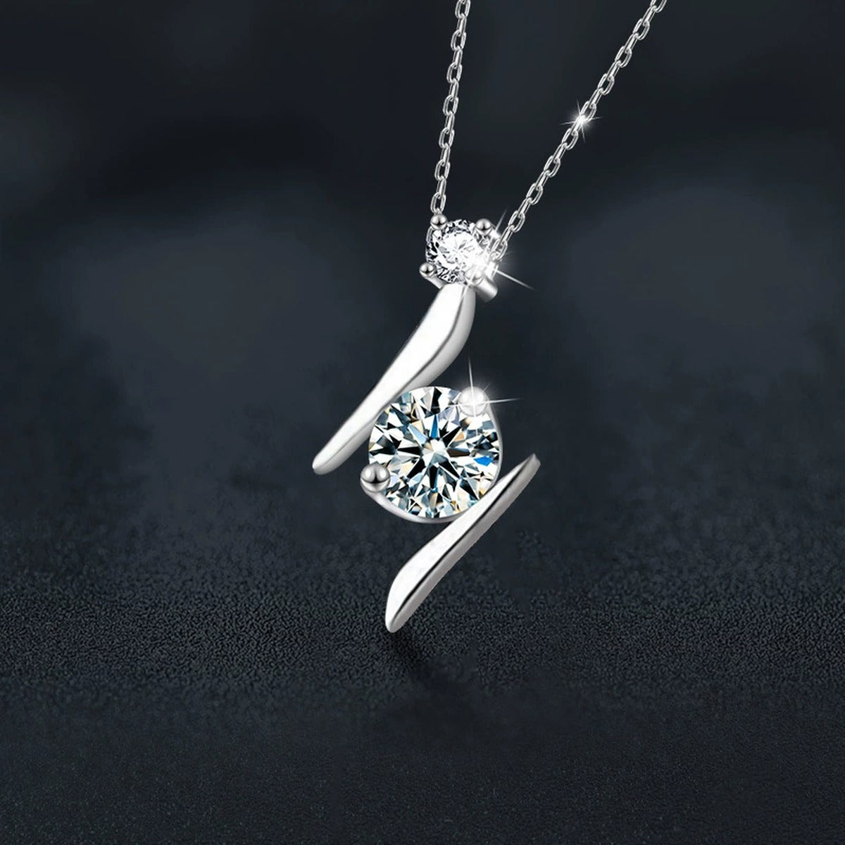 Lightning Round Moissanite Necklace with CZ in White Gold-Plated S925 sterling silver blue display scene showing chain and stone layout