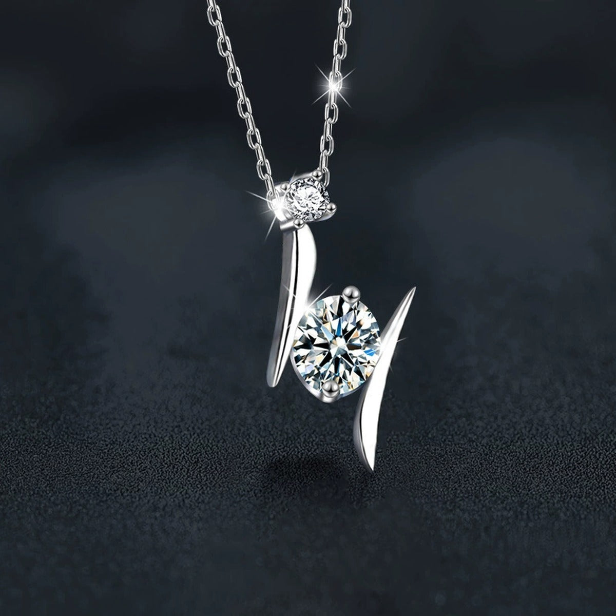 Lightning Round Moissanite Necklace with CZ in White Gold-Plated S925 sterling silver angled product detail view