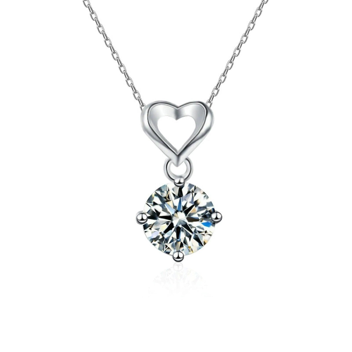 Open Heart Solitaire Round Moissanite Necklace in White Gold-Plated S925 sterling silver white background product photo showing open heart pendant with a 1 ct round moissanite solitaire drop