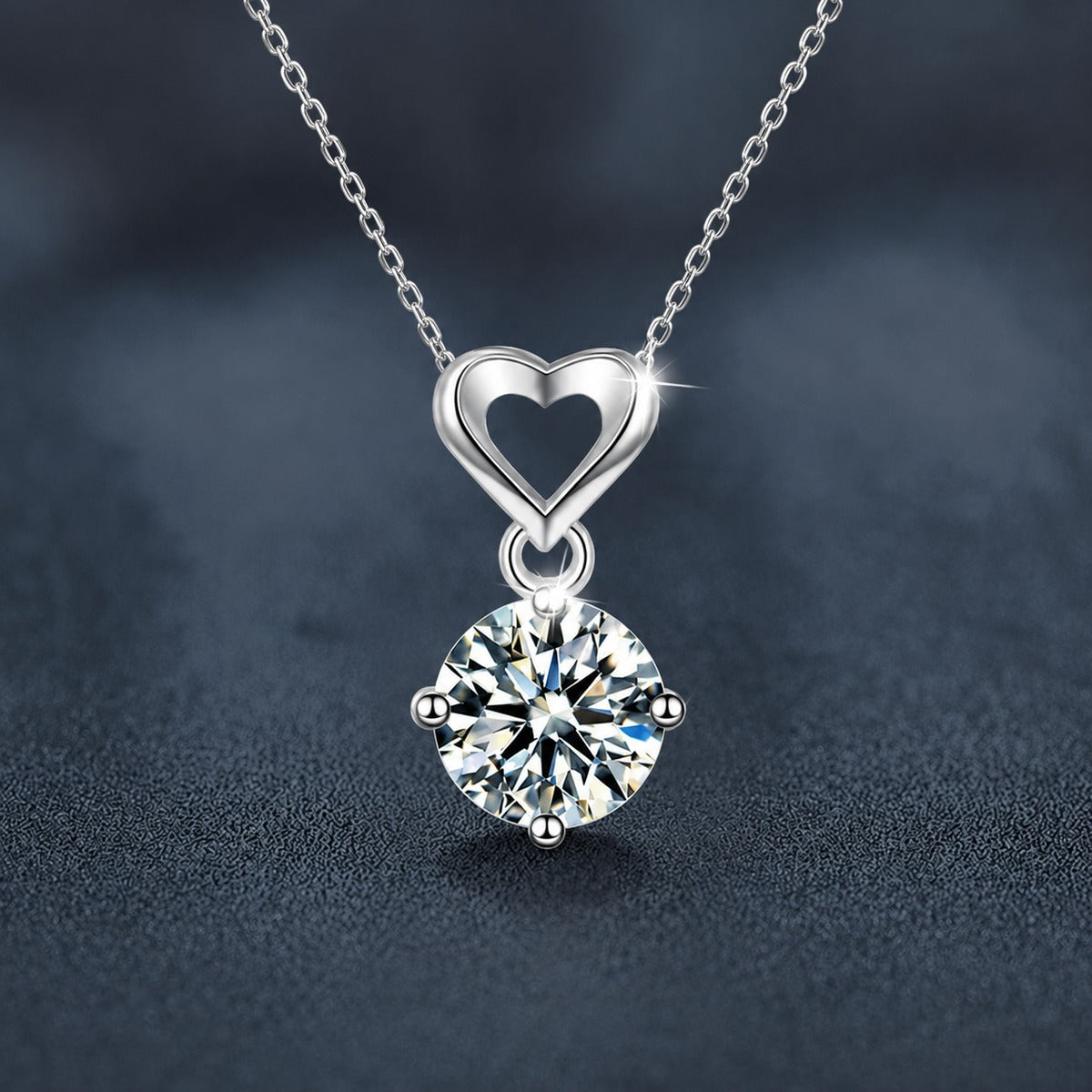 Open Heart Solitaire Round Moissanite Necklace in White Gold-Plated S925 sterling silver close-up product scene showing pendant setting