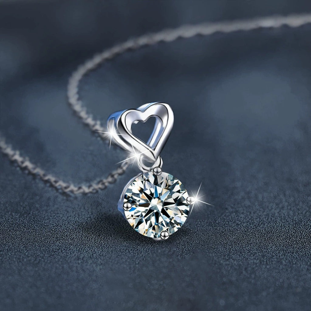 Open Heart Solitaire Round Moissanite Necklace in White Gold-Plated S925 sterling silver blue display scene showing chain and stone layout