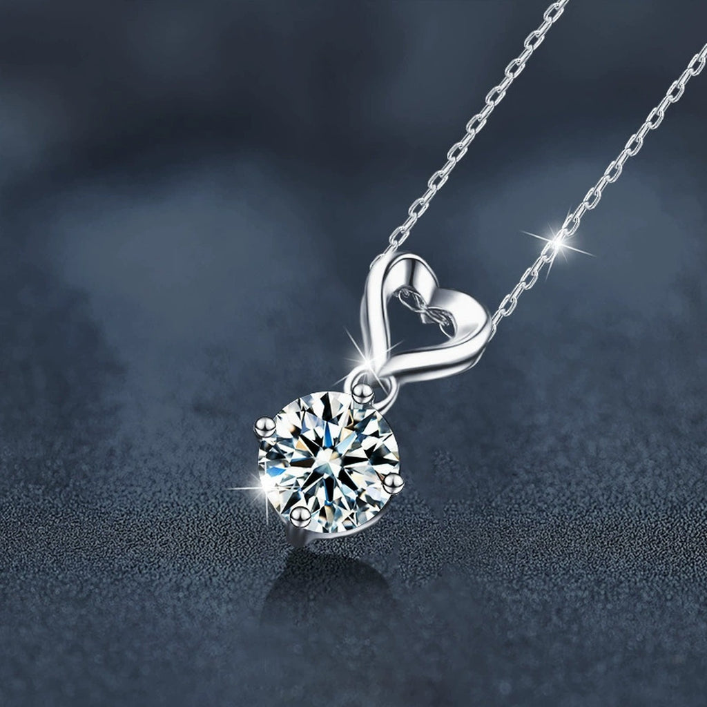 Open Heart Solitaire Round Moissanite Necklace in White Gold-Plated S925 sterling silver angled product detail view