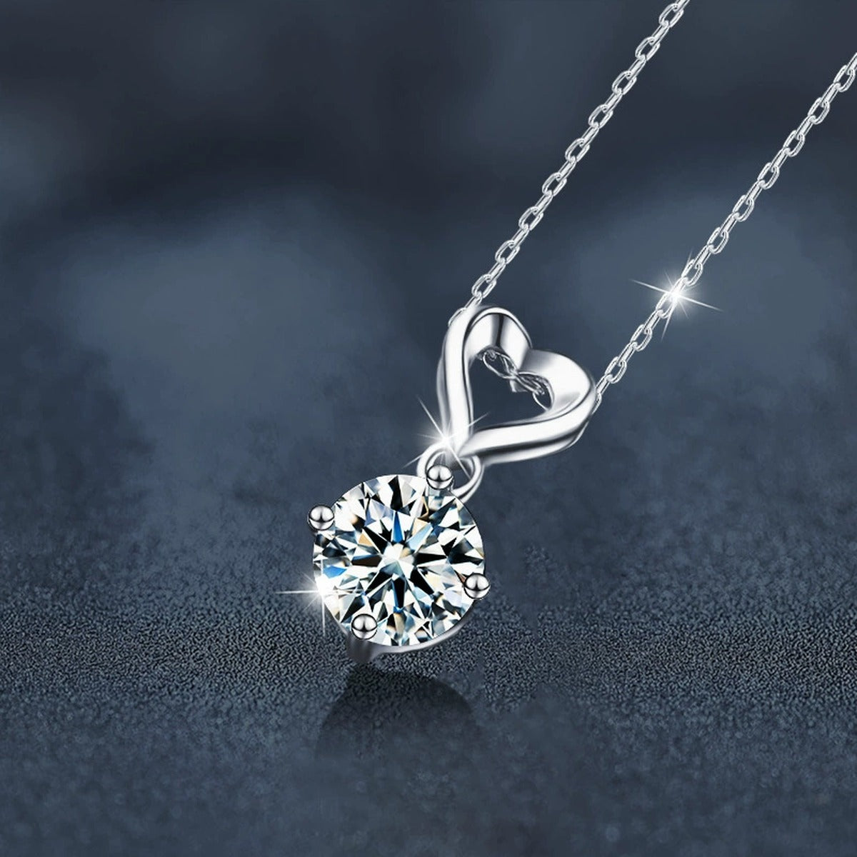 Open Heart Solitaire Round Moissanite Necklace in White Gold-Plated S925 sterling silver angled product detail view