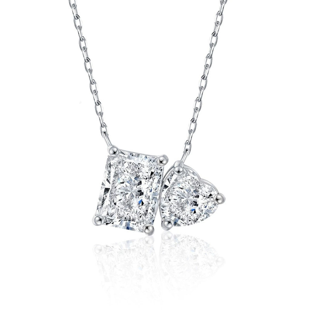 Radiant and Heart Cut Moissanite Necklace in White Gold-Plated S925 sterling silver white background product photo showing solitaire pendant combining a radiant-cut moissanite and a heart-cut moissanite accent