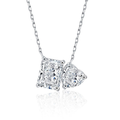 Radiant and Heart Cut Moissanite Necklace in White Gold-Plated S925 sterling silver white background product photo showing solitaire pendant combining a radiant-cut moissanite and a heart-cut moissanite accent