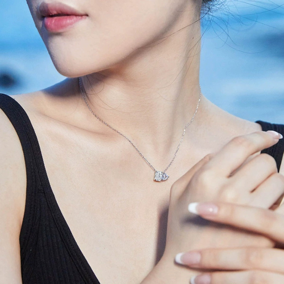 Radiant and Heart Cut Moissanite Necklace in White Gold-Plated S925 sterling silver neckline model view showing pendant scale and chain length