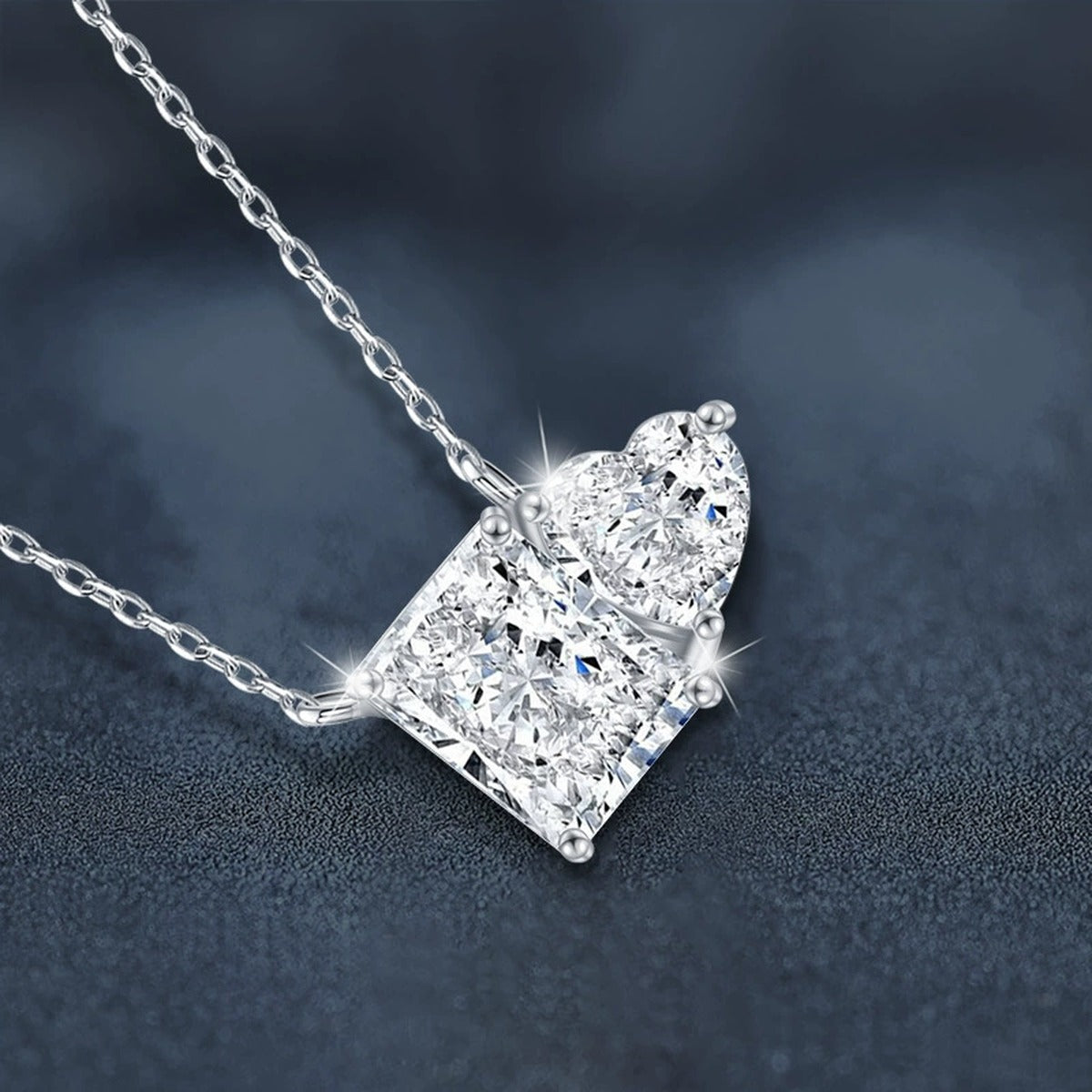 Radiant and Heart Cut Moissanite Necklace in White Gold-Plated S925 sterling silver close-up product scene showing pendant setting