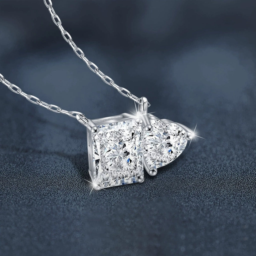 Radiant and Heart Cut Moissanite Necklace in White Gold-Plated S925 sterling silver blue display scene showing chain and stone layout