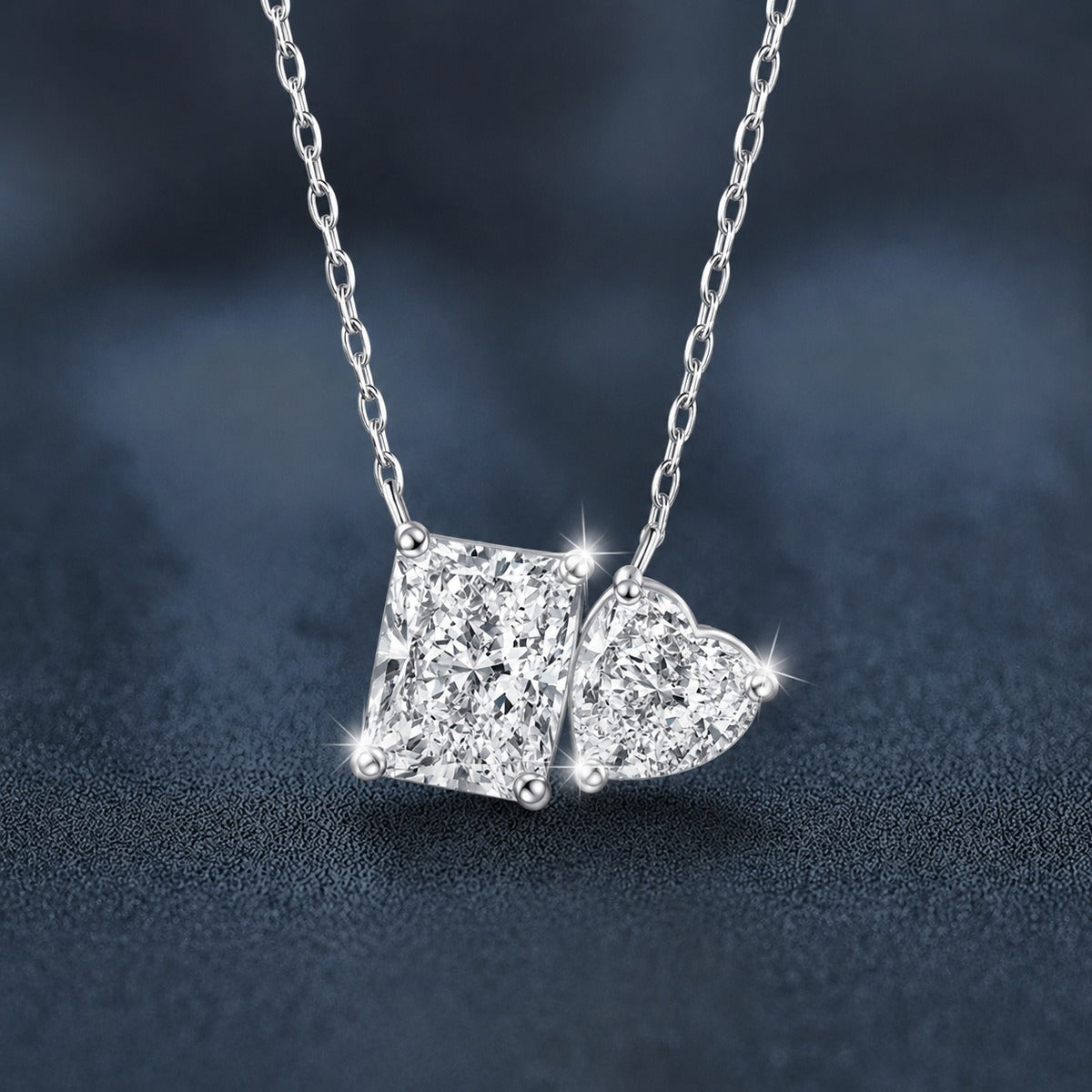 Radiant and Heart Cut Moissanite Necklace in White Gold-Plated S925 sterling silver angled product detail view