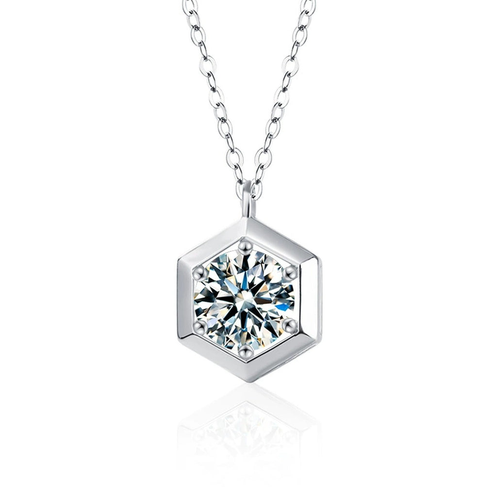 Geometric Round Moissanite Necklace in White Gold-Plated S925 sterling silver white background product photo showing geometric pendant with a 1 ct round moissanite in a clean framed setting