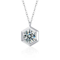 Geometric Round Moissanite Necklace in White Gold-Plated S925 sterling silver white background product photo showing geometric pendant with a 1 ct round moissanite in a clean framed setting
