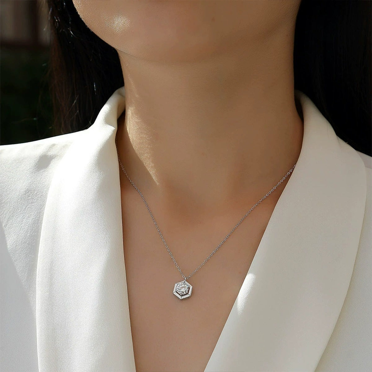 Geometric Round Moissanite Necklace in White Gold-Plated S925 sterling silver neckline model view showing pendant scale and chain length