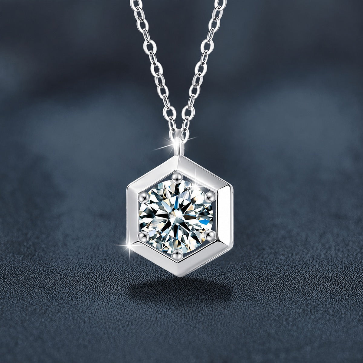 Geometric Round Moissanite Necklace in White Gold-Plated S925 sterling silver close-up product scene showing pendant setting