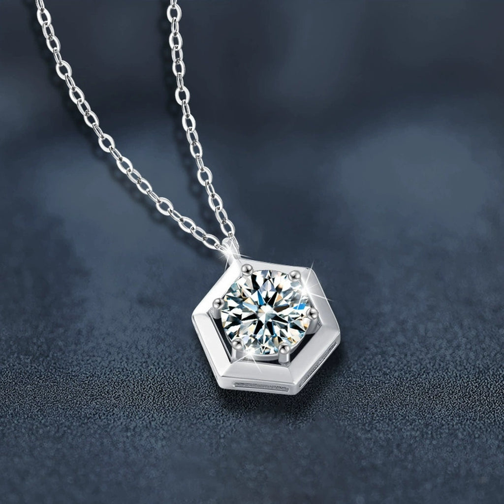 Geometric Round Moissanite Necklace in White Gold-Plated S925 sterling silver blue display scene showing chain and stone layout