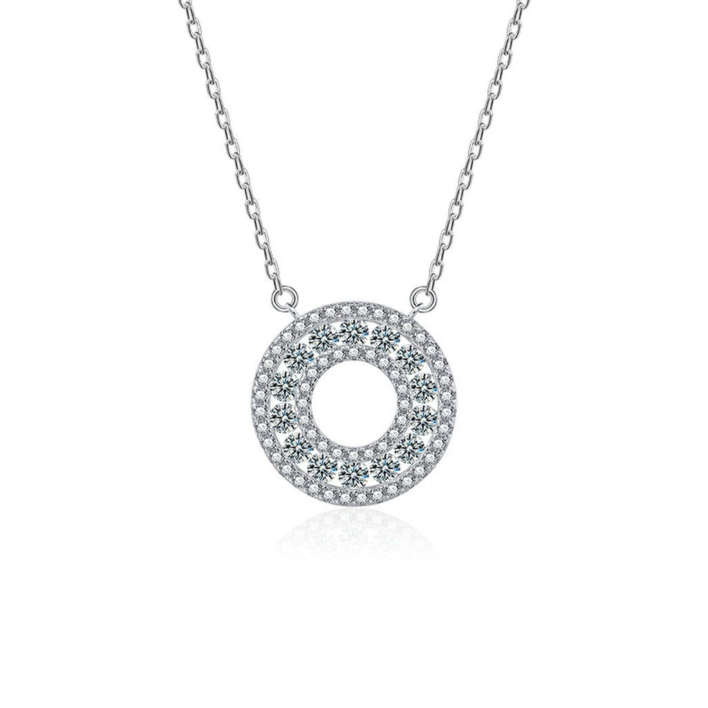 Circle Round Moissanite Necklace with CZ in White Gold-Plated S925 sterling silver white background product photo showing round circle pendant set with small round moissanite and CZ sparkle