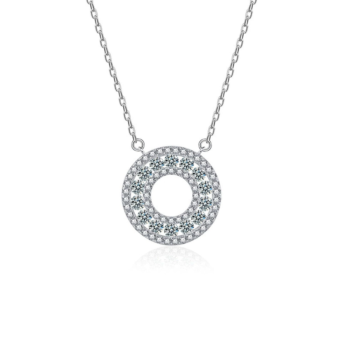 Circle Round Moissanite Necklace with CZ in White Gold-Plated S925 sterling silver white background product photo showing round circle pendant set with small round moissanite and CZ sparkle