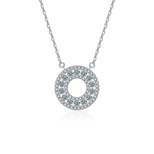 Circle Round Moissanite Necklace with CZ in White Gold-Plated S925 sterling silver white background product photo showing round circle pendant set with small round moissanite and CZ sparkle