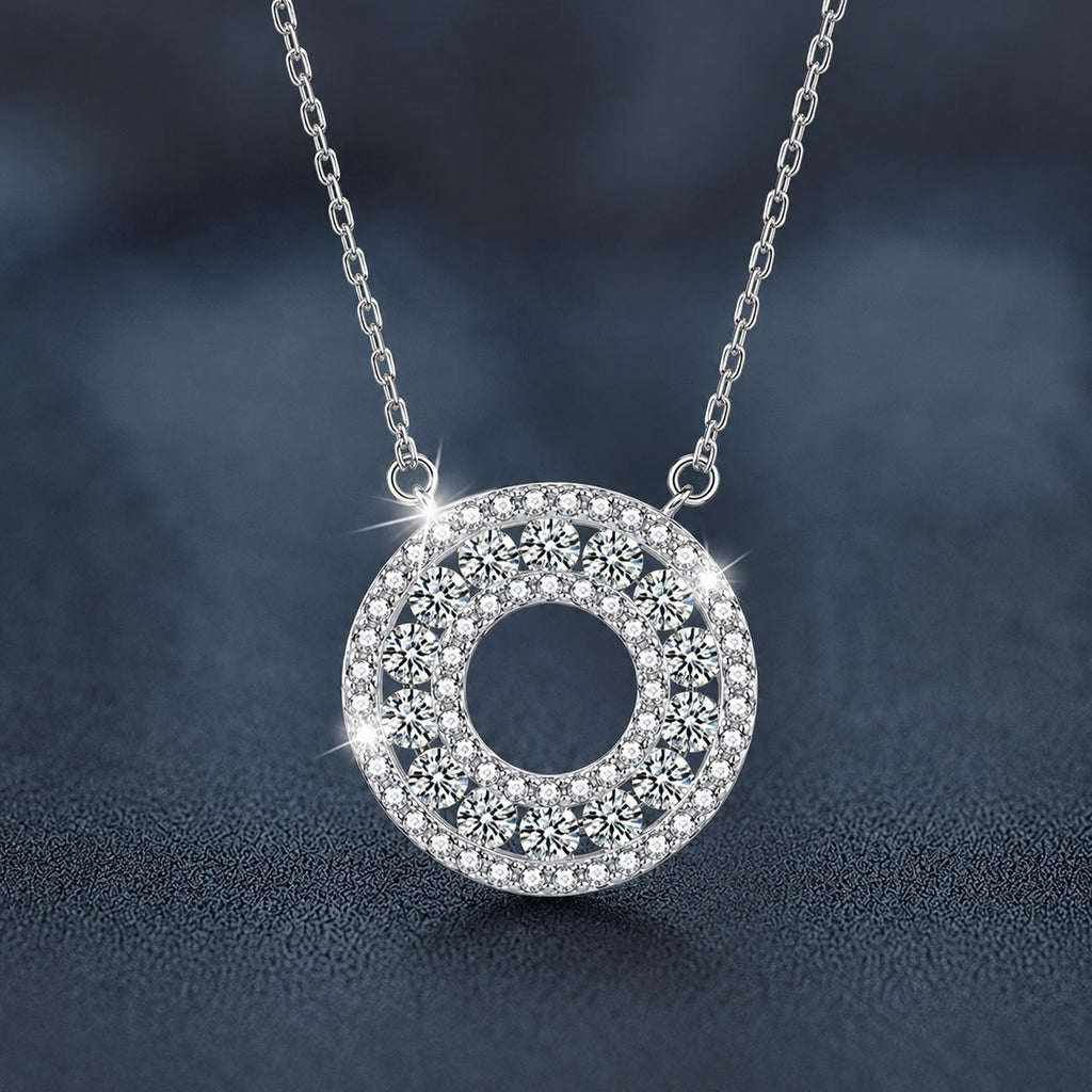 Circle Round Moissanite Necklace with CZ in White Gold-Plated S925 sterling silver close-up product scene showing pendant setting