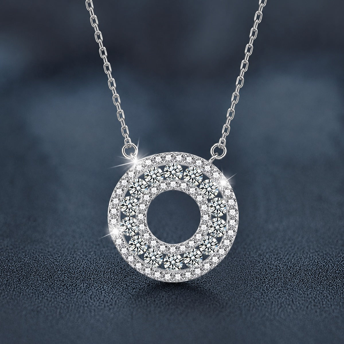 Circle Round Moissanite Necklace with CZ in White Gold-Plated S925 sterling silver close-up product scene showing pendant setting