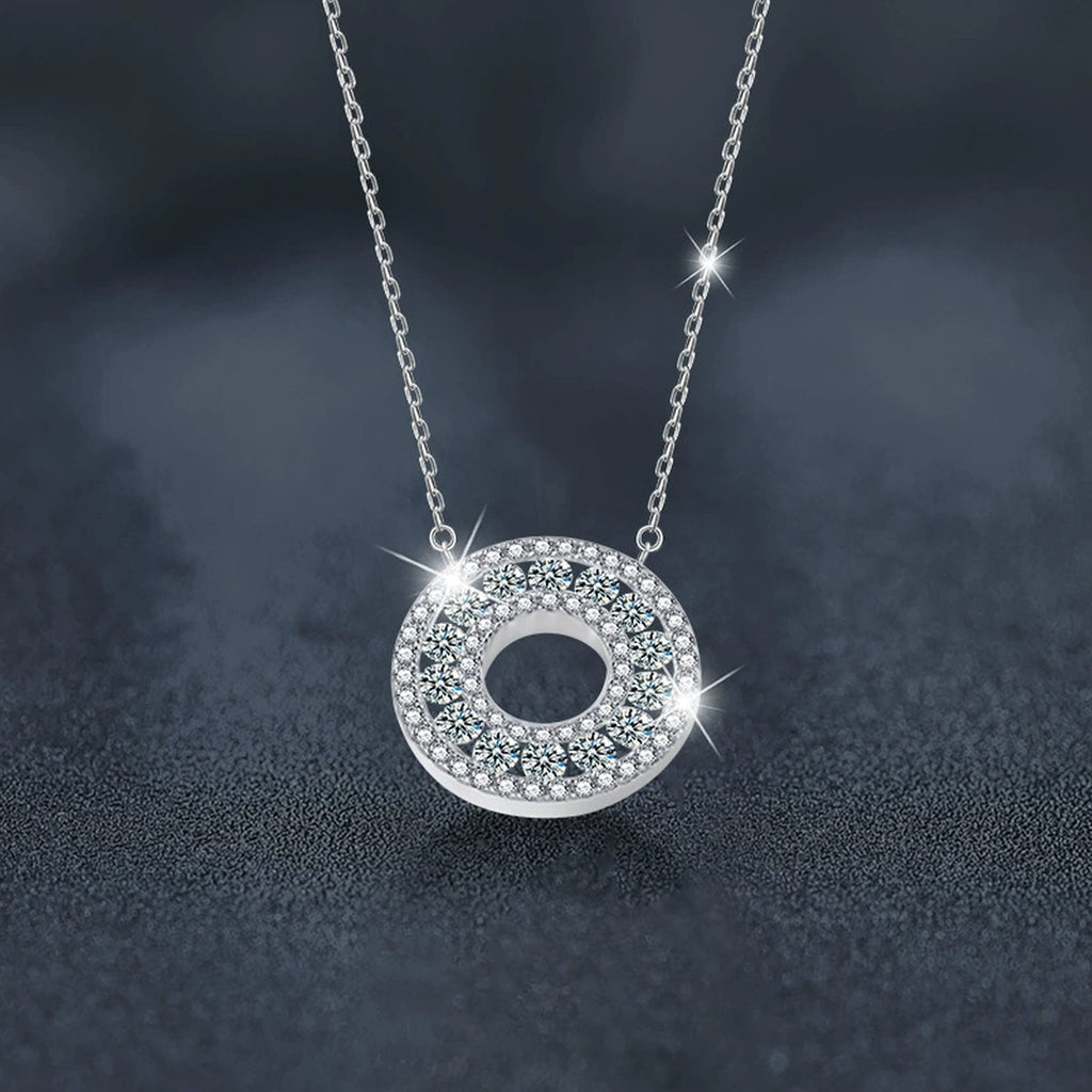 Circle Round Moissanite Necklace with CZ in White Gold-Plated S925 sterling silver blue display scene showing chain and stone layout