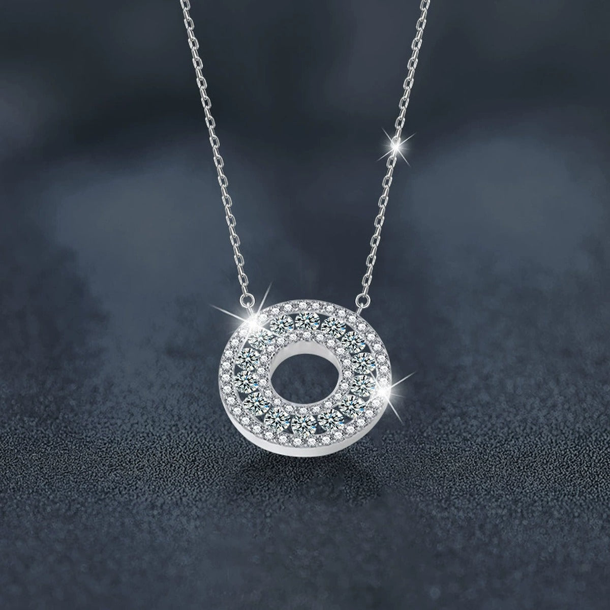 Circle Round Moissanite Necklace with CZ in White Gold-Plated S925 sterling silver blue display scene showing chain and stone layout