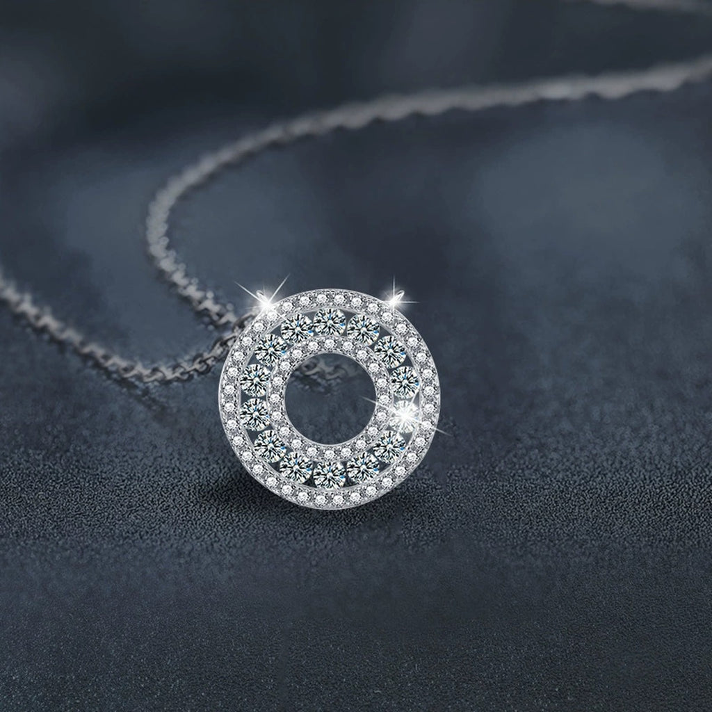 Circle Round Moissanite Necklace with CZ in White Gold-Plated S925 sterling silver angled product detail view