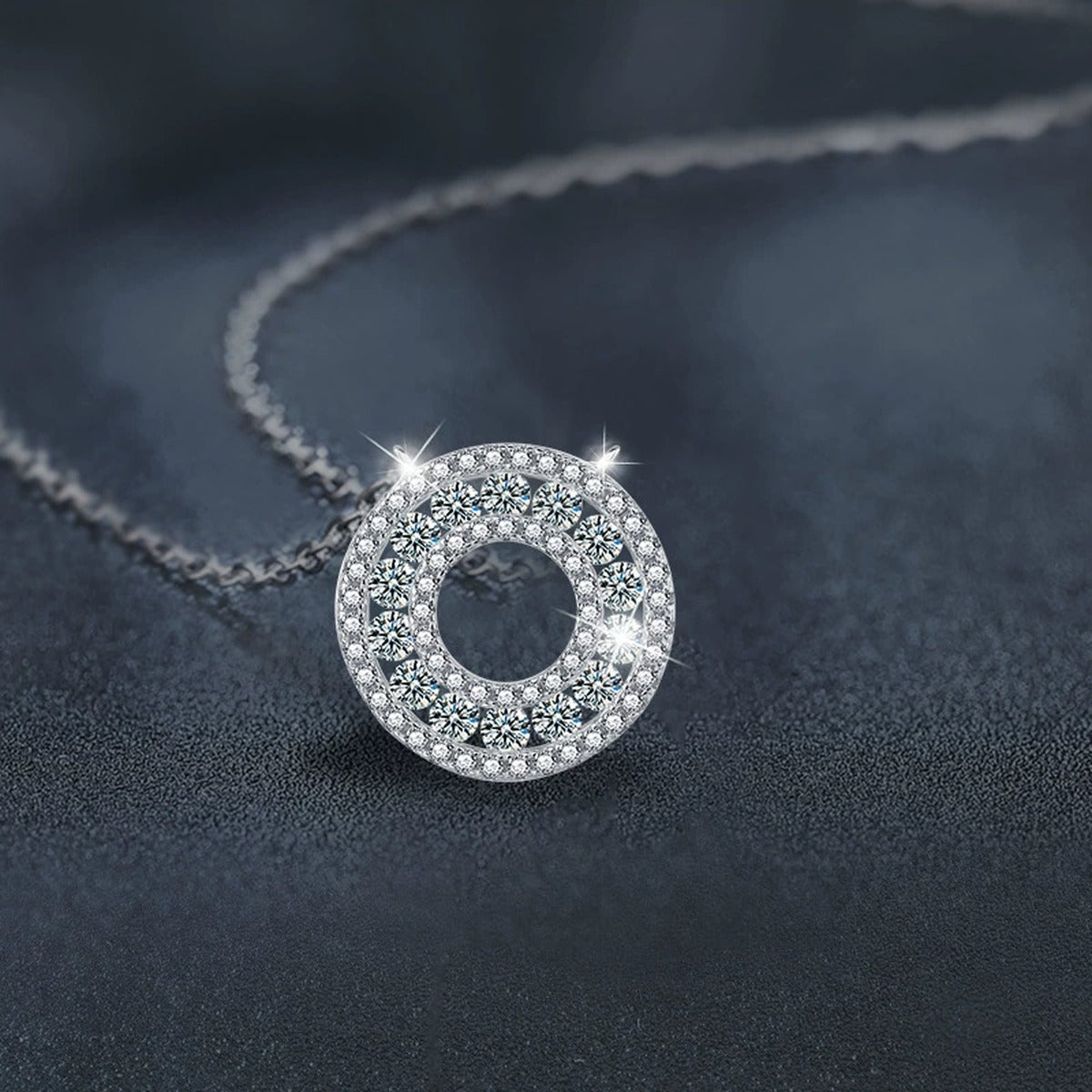 Circle Round Moissanite Necklace with CZ in White Gold-Plated S925 sterling silver angled product detail view