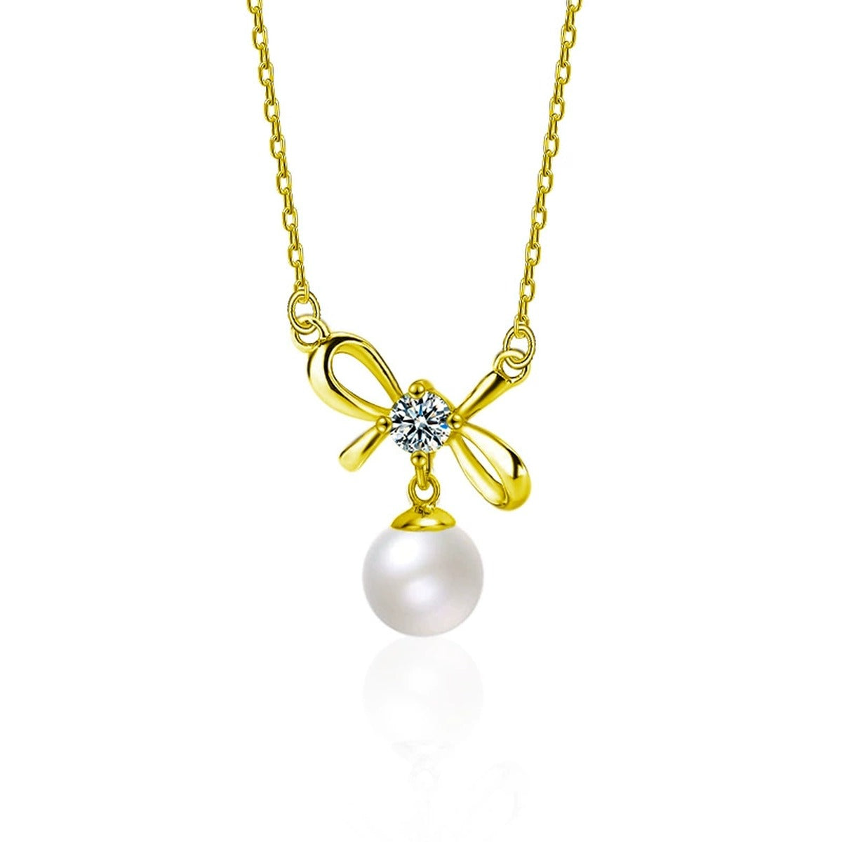 Bowknot Round Moissanite and Pearl Necklace in Gold-Plated S925 sterling silver white background front product view showing an airy bowknot set with a round moissanite above a pearl drop