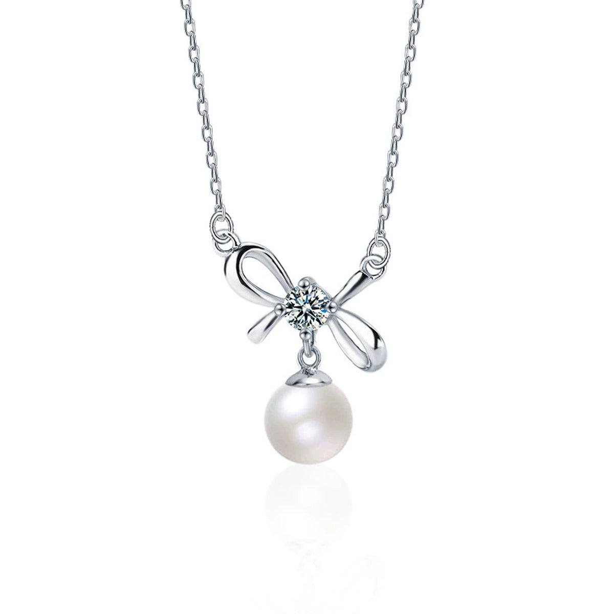 Bowknot Round Moissanite and Pearl Necklace in Gold-Plated S925 sterling silver alternate metal color white background product view showing an airy bowknot set with a round moissanite above a pearl drop