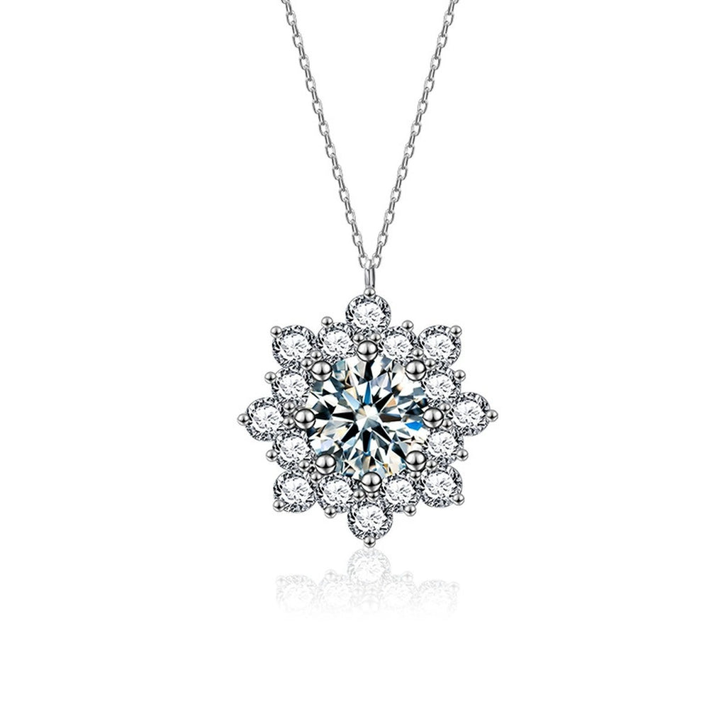 Sunflower Round Moissanite Necklace with CZ in White Gold-Plated S925 sterling silver white background product photo showing sunflower pendant with a 1 ct round moissanite center and CZ petals