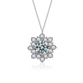 Sunflower Round Moissanite Necklace with CZ in White Gold-Plated S925 sterling silver white background product photo showing sunflower pendant with a 1 ct round moissanite center and CZ petals