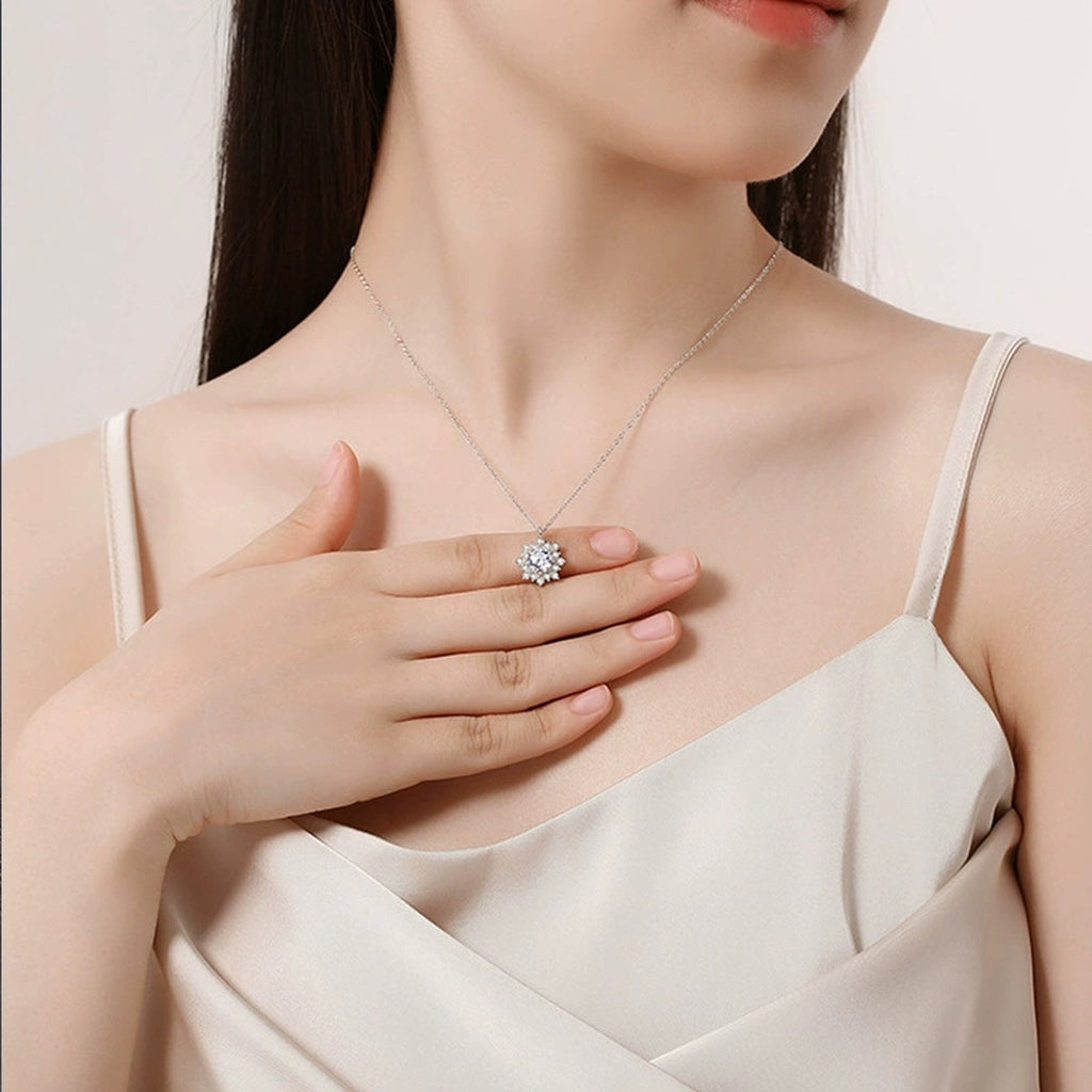 Sunflower Round Moissanite Necklace with CZ in White Gold-Plated S925 sterling silver neckline model view showing pendant scale and chain length