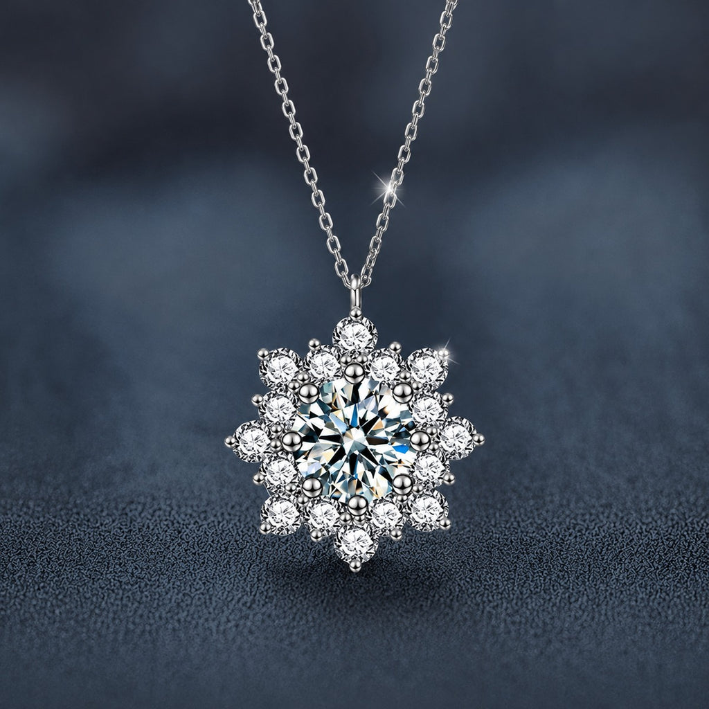 Sunflower Round Moissanite Necklace with CZ in White Gold-Plated S925 sterling silver close-up product scene showing pendant setting