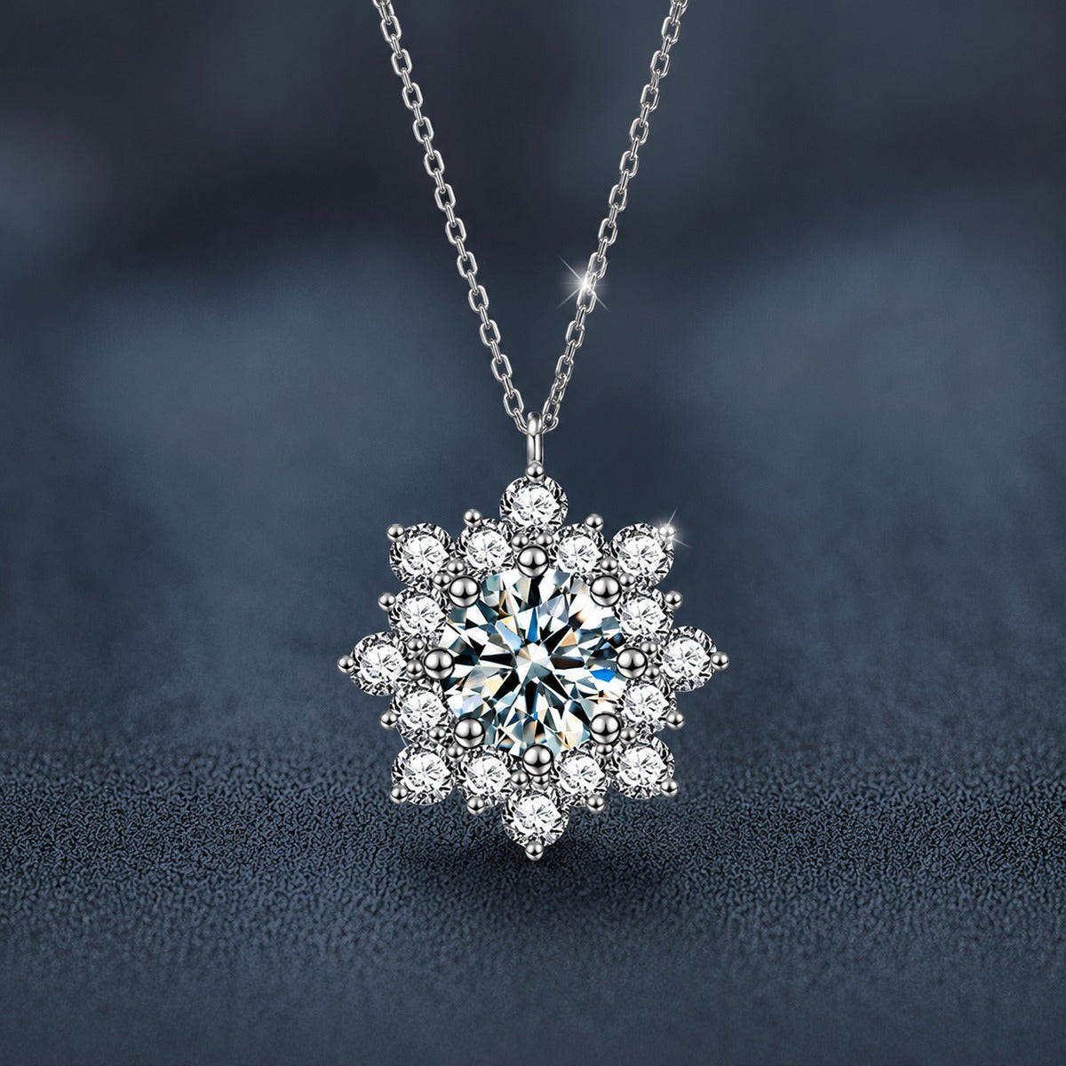 Sunflower Round Moissanite Necklace with CZ in White Gold-Plated S925 sterling silver close-up product scene showing pendant setting
