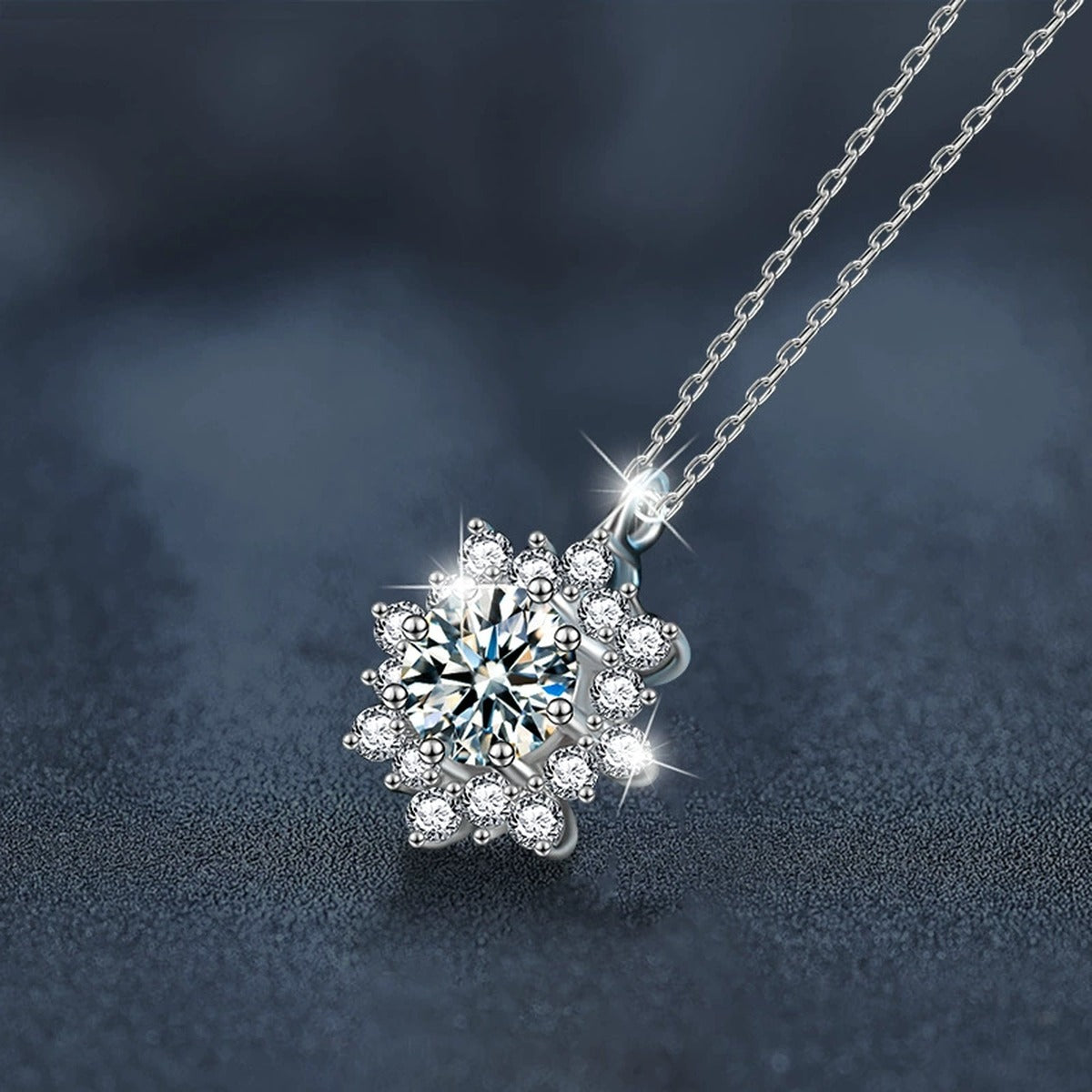 Sunflower Round Moissanite Necklace with CZ in White Gold-Plated S925 sterling silver blue display scene showing chain and stone layout