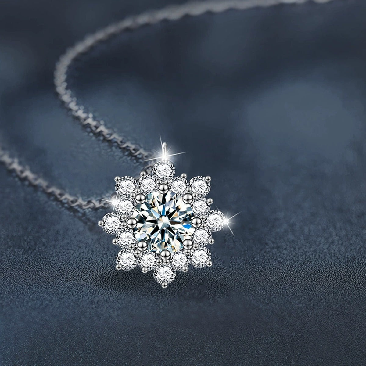 Sunflower Round Moissanite Necklace with CZ in White Gold-Plated S925 sterling silver angled product detail view