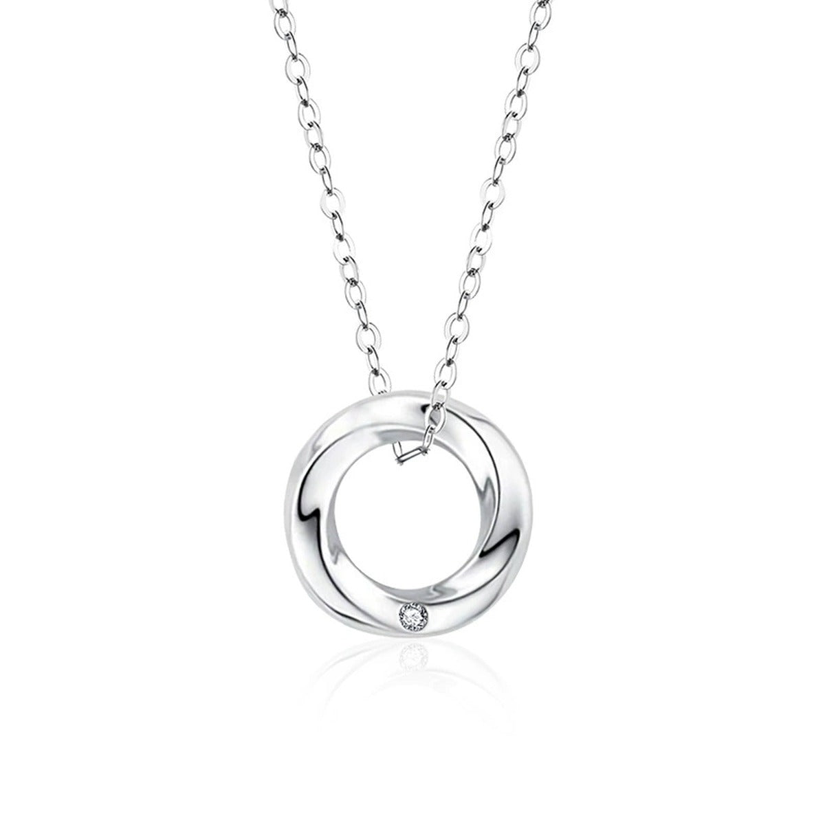 Mobius Couples Necklace with Heart Cut Moissanite in White Gold-Plated S925 sterling silver white background product photo showing mobius ring couples necklace with a plain men's pendant and heart-cut moissanite women's pendant