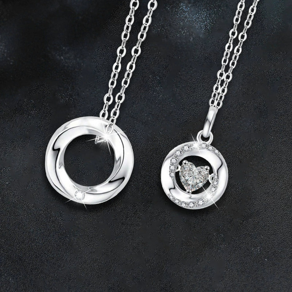 Mobius Couples Necklace with Heart Cut Moissanite in White Gold-Plated S925 sterling silver blue display scene showing chain and stone layout