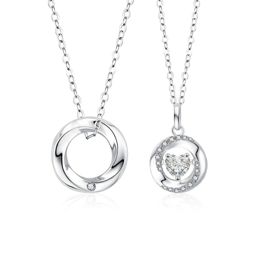 Mobius Couples Necklace with Heart Cut Moissanite in White Gold-Plated S925 sterling silver white background product photo showing mobius ring couples necklace with a plain men's pendant and heart-cut moissanite women's pendant