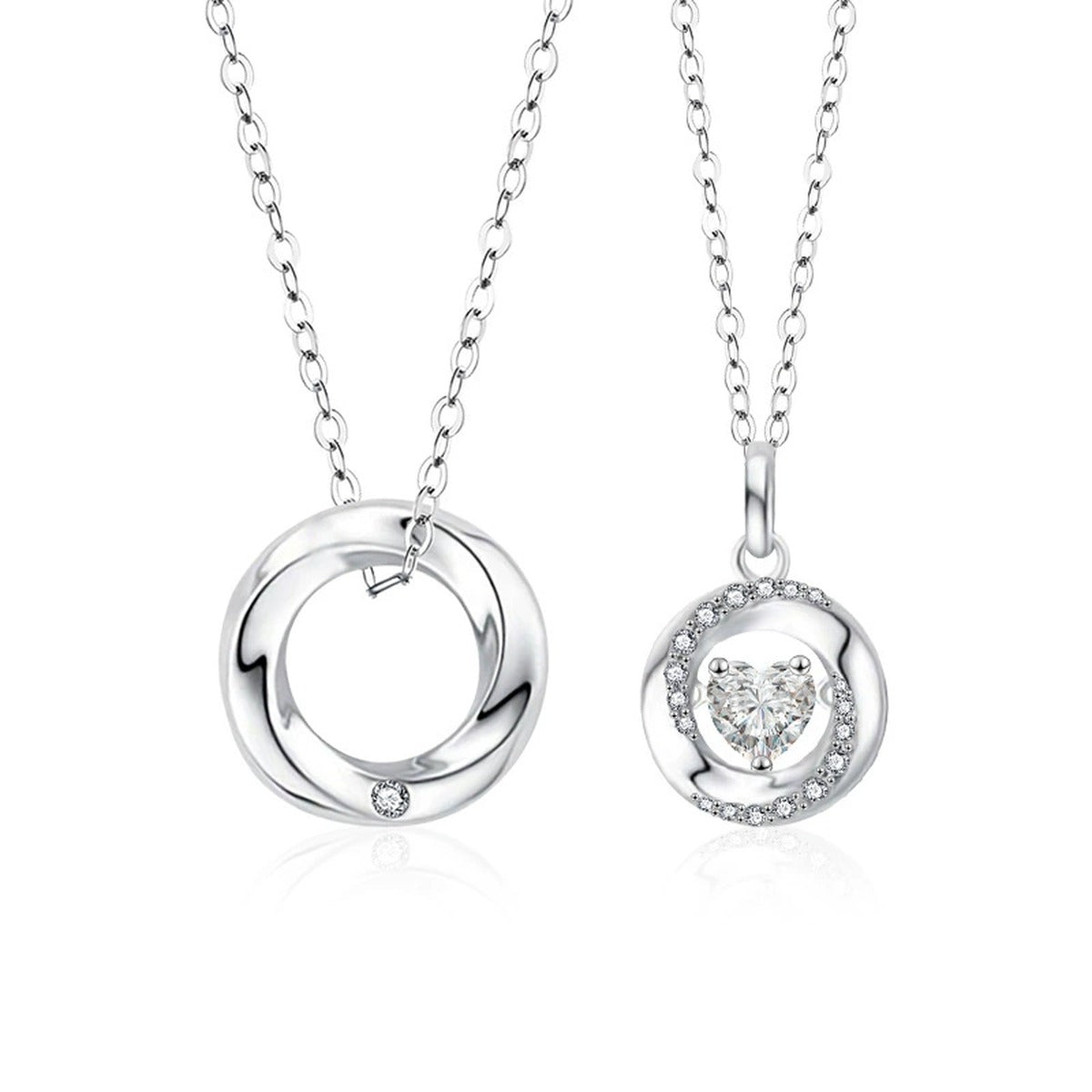 Mobius Couples Necklace with Heart Cut Moissanite in White Gold-Plated S925 sterling silver white background product photo showing mobius ring couples necklace with a plain men's pendant and heart-cut moissanite women's pendant