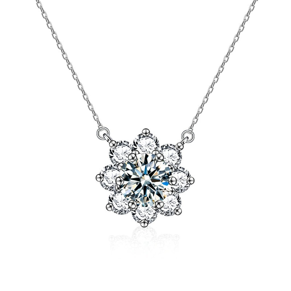 Sunflower Round Moissanite Necklace with CZ in White Gold-Plated S925 sterling silver white background product photo showing sunflower halo pendant with a 1 ct round moissanite and CZ petals