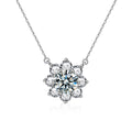 Sunflower Round Moissanite Necklace with CZ in White Gold-Plated S925 sterling silver white background product photo showing sunflower halo pendant with a 1 ct round moissanite and CZ petals