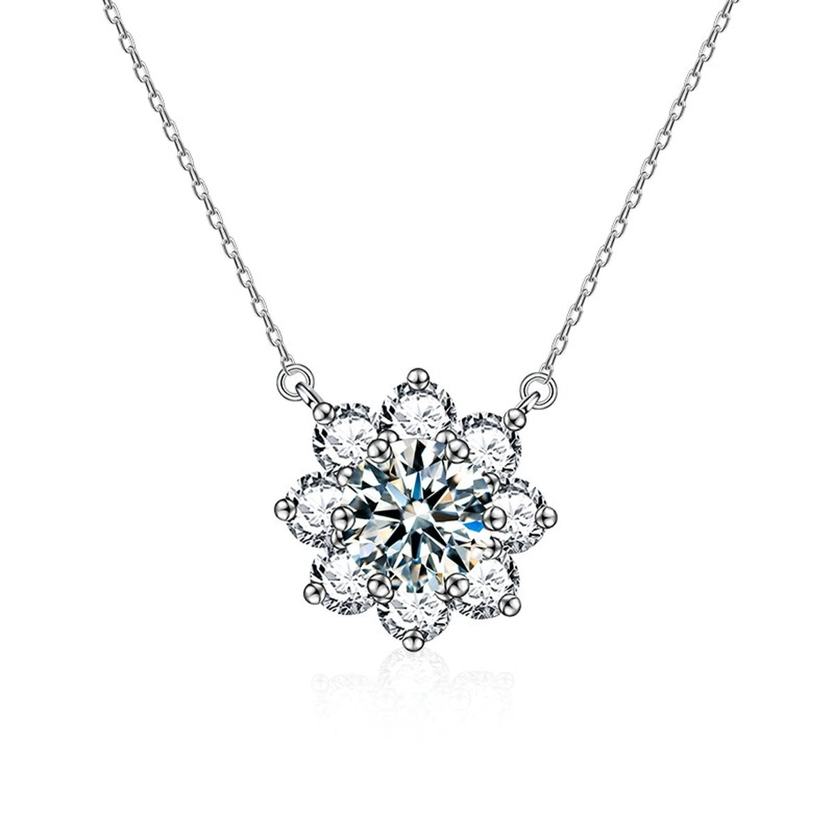 Sunflower Round Moissanite Necklace with CZ in White Gold-Plated S925 sterling silver white background product photo showing sunflower halo pendant with a 1 ct round moissanite and CZ petals