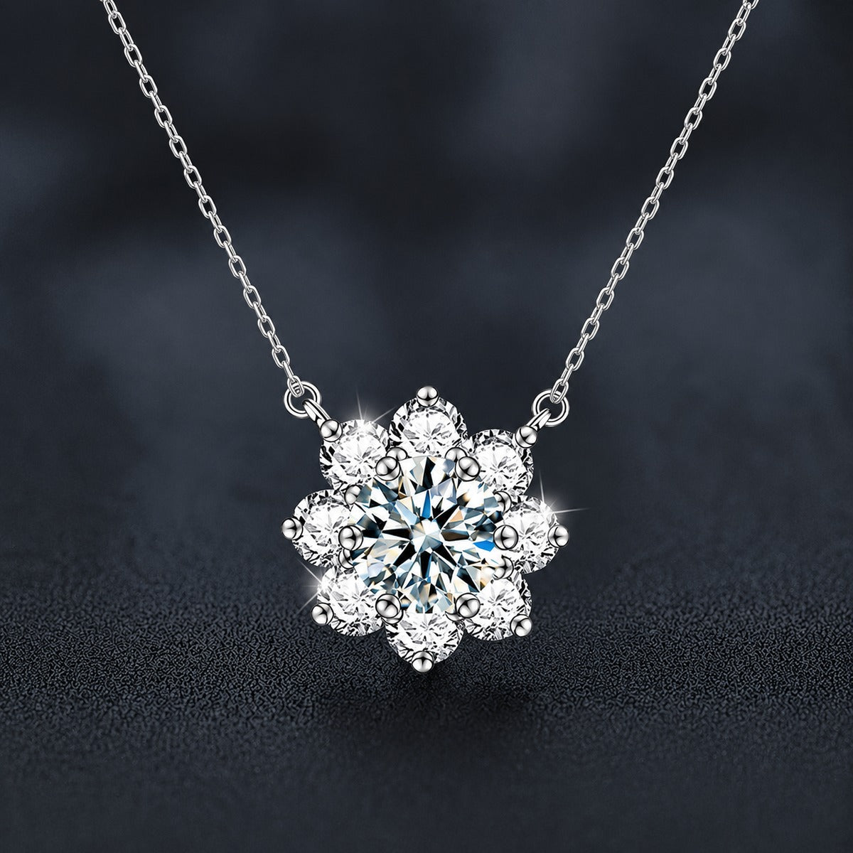 Sunflower Round Moissanite Necklace with CZ in White Gold-Plated S925 sterling silver close-up product scene showing pendant setting