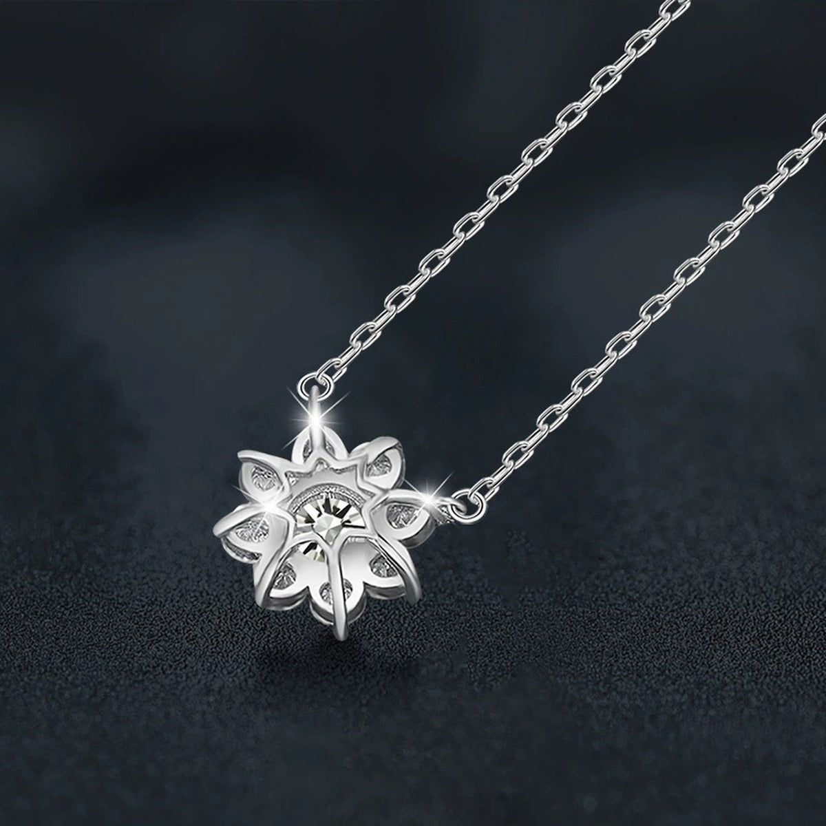 Sunflower Round Moissanite Necklace with CZ in White Gold-Plated S925 sterling silver blue display scene showing chain and stone layout